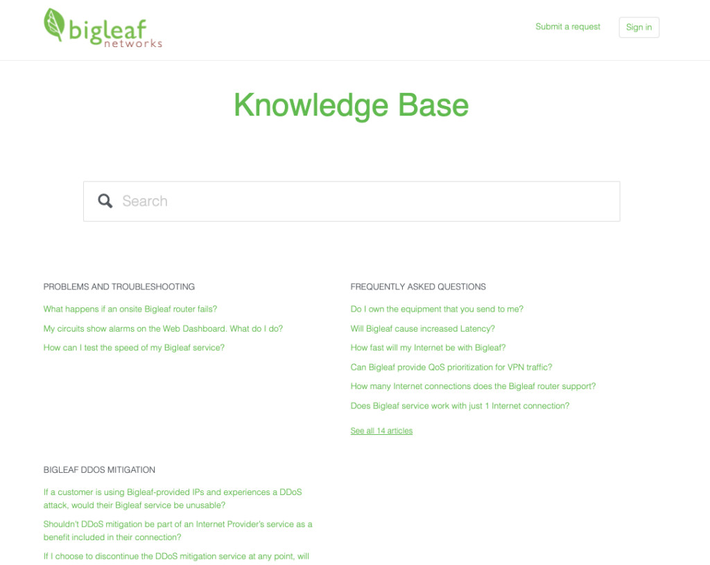 Bigleaf Knowledge Base home page