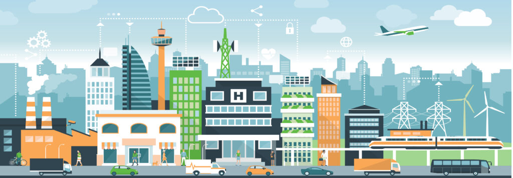Graphic depiction of cityscape with icons representing internet and cloud connectivity