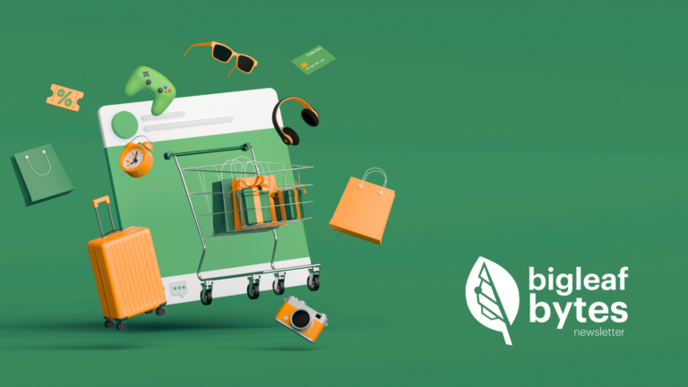 This image is designed to promote the Bigleaf Bytes newsletter, which focuses on the intersection of eCommerce and connectivity. The graphic includes a variety of online shopping-related items like a shopping cart with gift boxes, a credit card, a discount tag, and tech gadgets that symbolize leisure and travel—all to signify the wide range of activities that benefit from reliable internet provided by Bigleaf Networks.