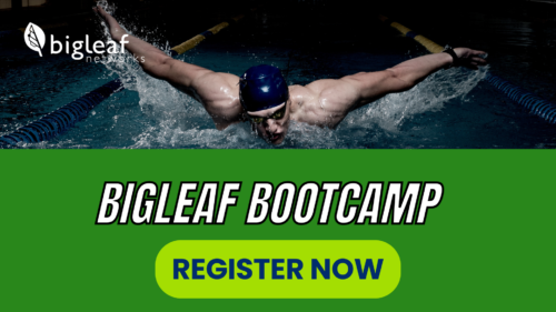 A swimmer in mid-stroke, powering through water in a pool, with the Bigleaf Bootcamp banner and a 'Register Now' call-to-action.