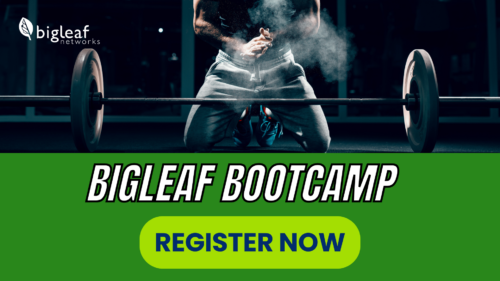 A weightlifter preparing to lift, on the "BIGLEAF BOOTCAMP" ad with a sign-up prompt.