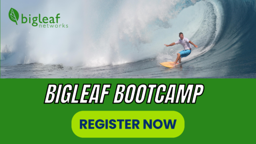 A surfer riding a big wave, paired with the "BIGLEAF BOOTCAMP" registration invitation.