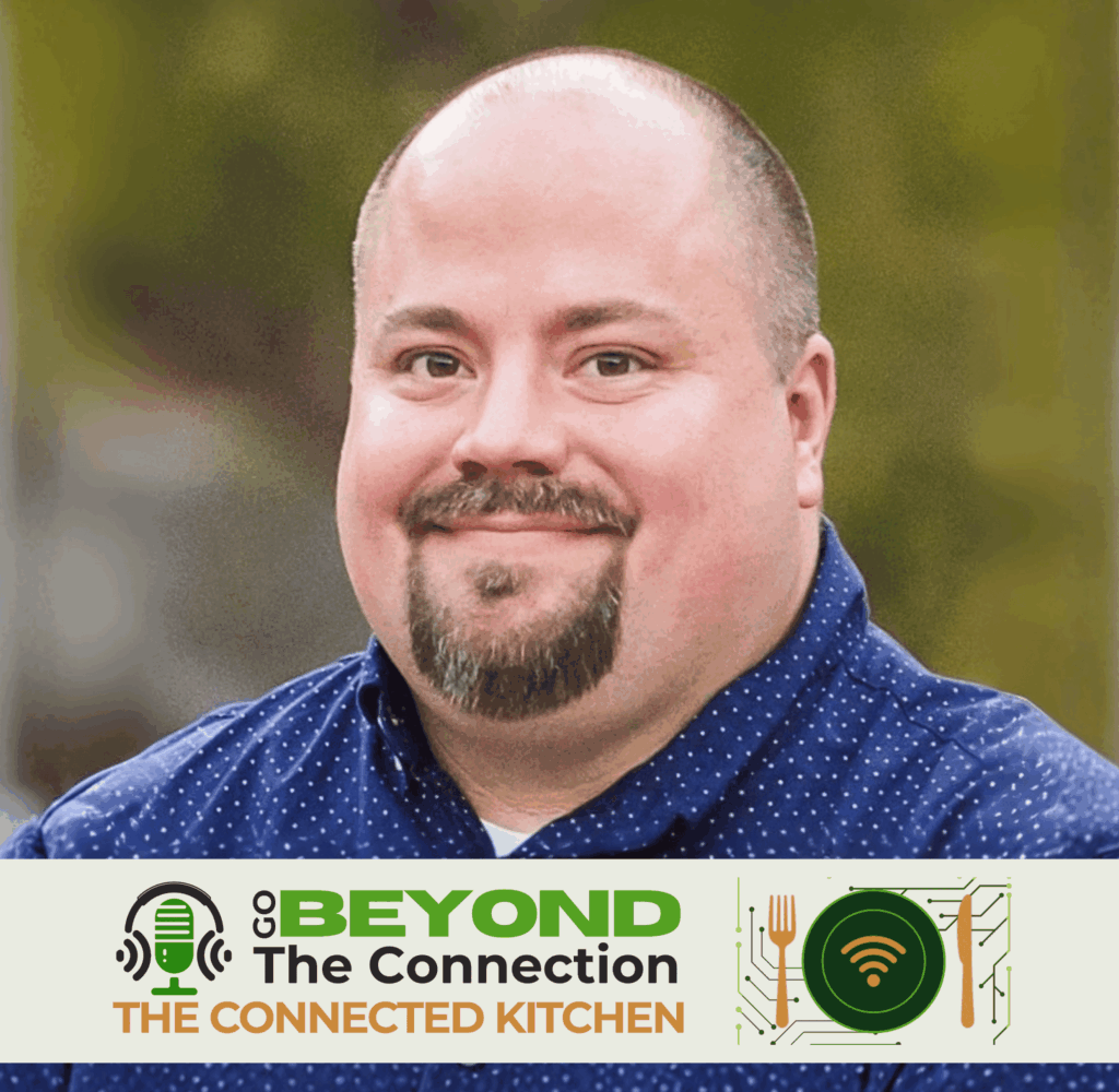 Portrait of Jon Manes, VP of IT at Mambo Seafood, with podcast branding for Go Beyond the Connection on an episode about restaurant IT revenue growth