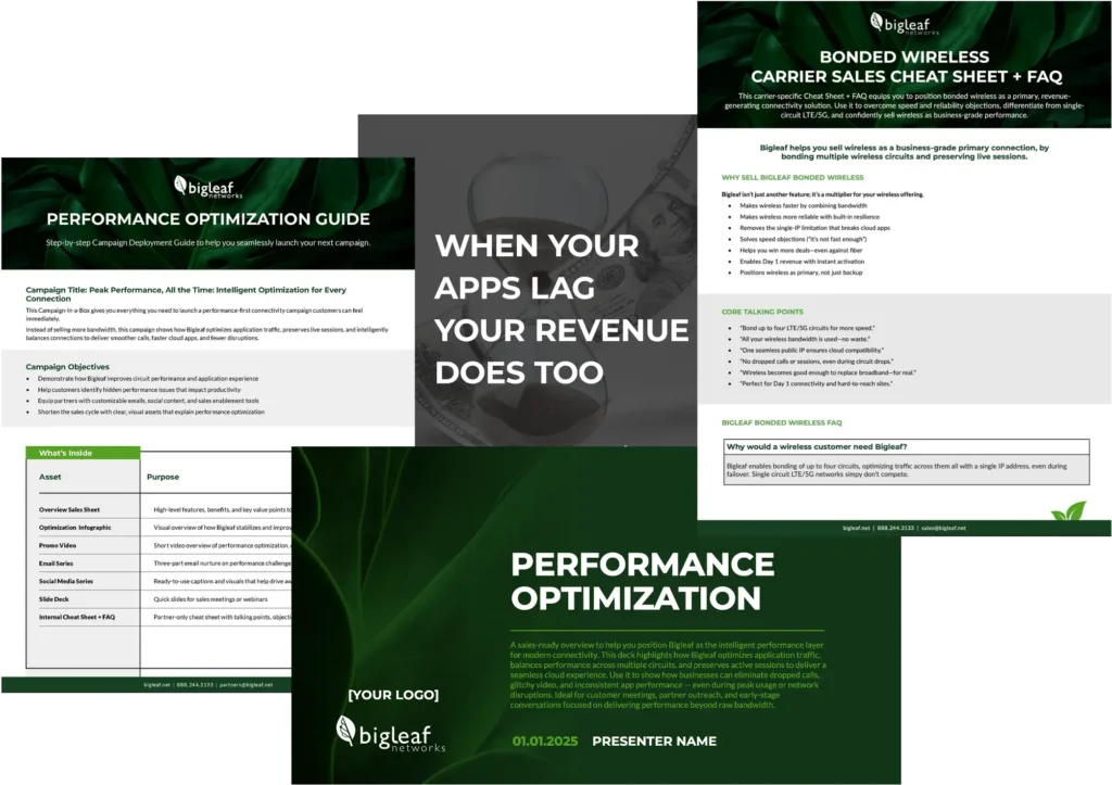 Bigleaf Networks performance optimization campaign materials including sales sheets, presentation slides, and wireless connectivity cheat sheet