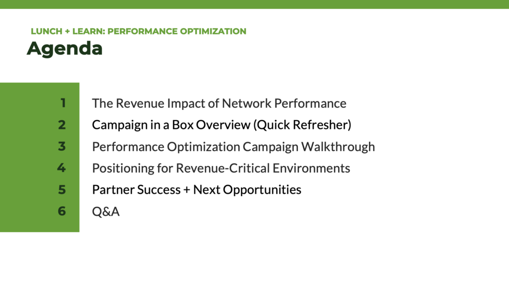 Webinar agenda outlining topics on network performance optimization, SD-WAN, and business connectivity strategy